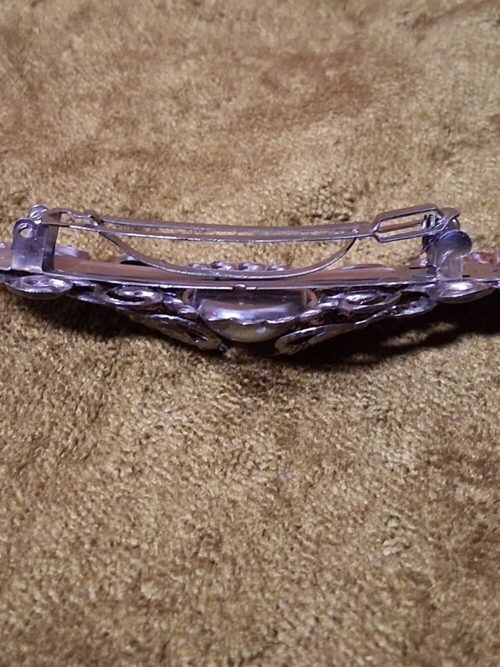 Vintage Barrette Hair Clip Silver Ornate Filligree Faux Pearl Korea 4" - Picture 12 of 13